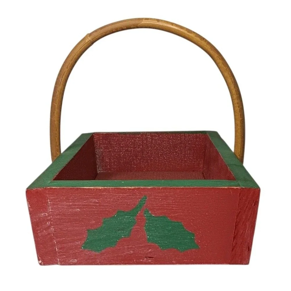 Wood Christmas Basket Red & Green Holly Leaves Design Rectangle With Handle